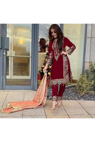 MYSMAR Red Viscose Velvet Kameez Salwar & Dupatta - HRT5520 | Blue