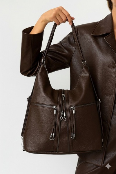 H&D COLLECTİON *Soft Faux Leather Brown Women's Bag Suitable for Hand Shoulder and Back Use 34*39 cm