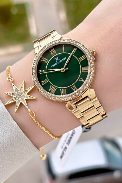 Daniel Klein Kadranı Yeşil Kordonu Gold Renk 35 mm Kadın Kol Saati ve Hediye ...