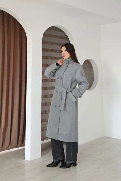 Leo Ferre Gray Herringbone Women's Mock Neck Trendy Cashmere Coat with Epaulettes.1194