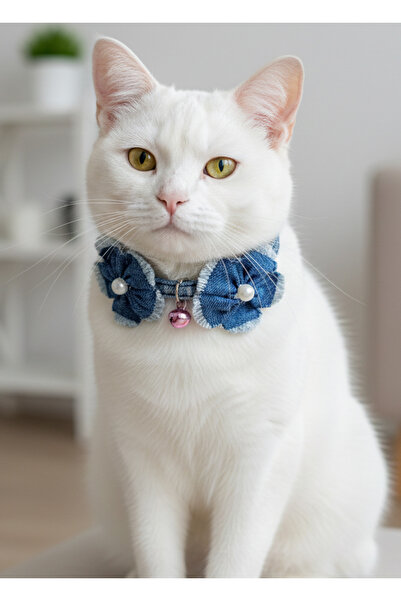 balkonda Cat Collar Leash Adjustable Denim Blue Floral with Bell