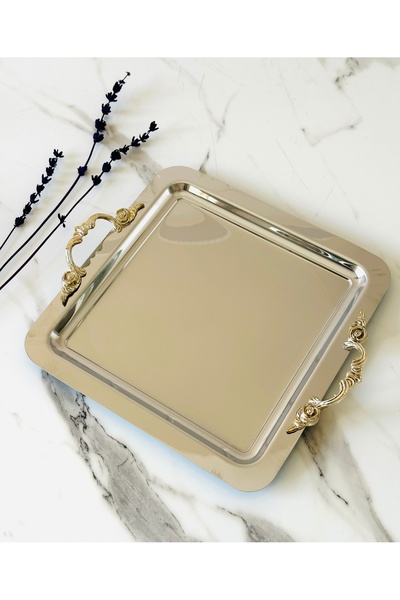 Melinda Lunea Gümüş Kulplu Kare Sunum Servis Tepsisi (21x21cm)