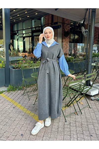 Miraydın Butik Poplin Detailed Knitwear Dress - Anthracite