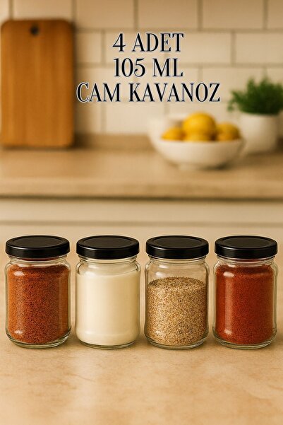 Tanemce 4 Pieces 105 ml Spice Jar Food Confectionery Multi-Purpose Black Metal Lid 105 Cc Short Glass Jar