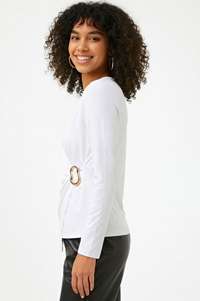 peralist Women's White V-Neck Gathered Buckle Long Sleeve Interlock Fabric Blouse