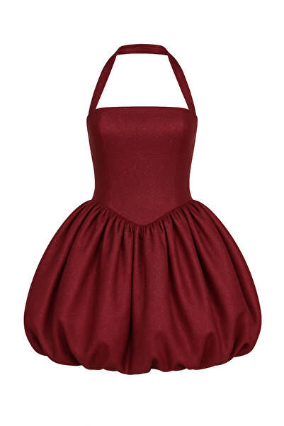 nisshop Kadın Balon Etek Abiye Elbise – Işıltılı Bordo Mini, Halter Yaka, Kor...