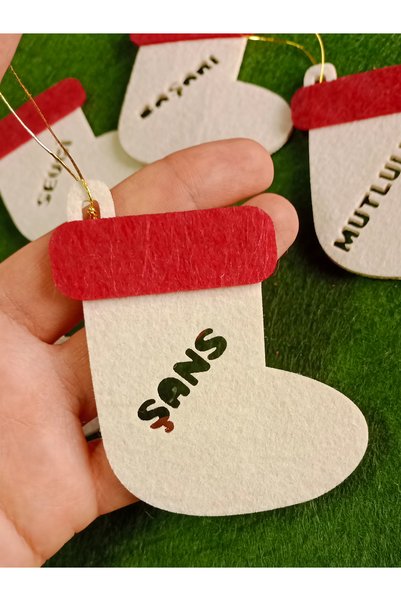 Kabajur New Year Felt Boot Ornament Set Cream Color – 5 Pieces Wish-Themed Christmas Tree Ornament