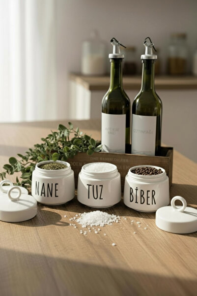 Sade Hediye 3-Piece Porcelain Spice Rack Wooden Box Eucalyptus Artificial Flower and 2 Oil Bottles