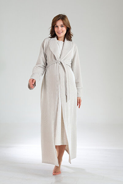 Hamile Tekstil Bej Kışlık Pamuklu Derin Patlı Sabahlıklı Lohusa Gecelik Takımı