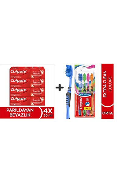 Colgate أوبتك وايت بريق أبيض 50 مل × 4 قطع + فرشاة أسنان إكسترا كلين كولورز 3+1