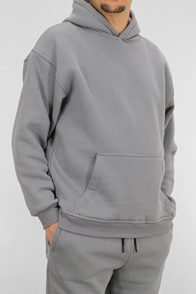 Souris Men's Gray Oversized Hooded Sweatshirt 3 Thread Fleece-Lined Kangaroo Pocket
