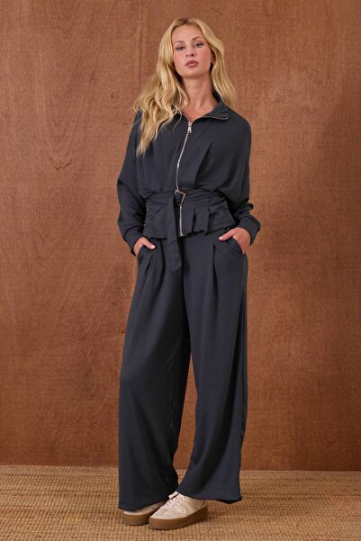 CELITA Women's Belted Zippered Jacket & Oversized Pants Bottom-Top Set