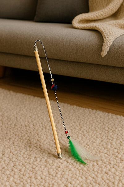 YILDIZ DİJİTAL HOME Furry Bell Cat Fishing Rod Toy – Wooden Handle, Pompom, Durable String, Exercise and Hunting Game