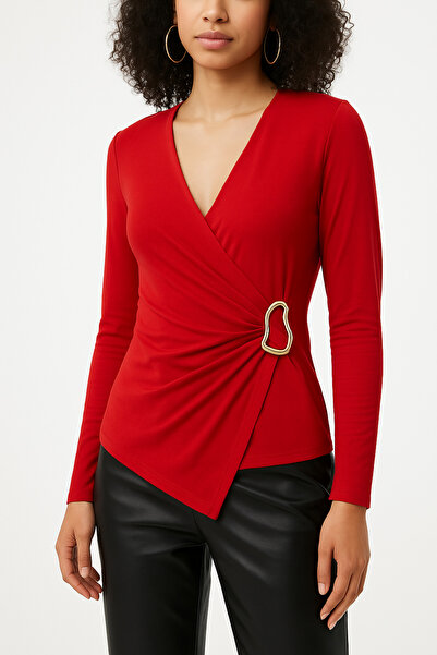 peralist Women's Red V-Neck Gathered Buckle Long Sleeve Interlock Fabric Blouse
