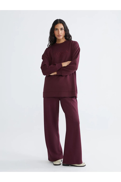 LC Waikiki LCW Modest Mürdüm London Nakışlı Kadın Sweatshirt Tunik