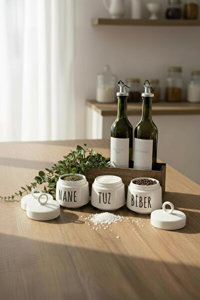 Sade Hediye 3-Piece Porcelain Spice Rack Wooden Box Eucalyptus Artificial Flower and 2 Oil Bottles