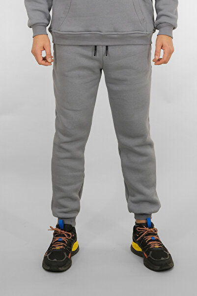 Souris Men's Gray Sweatpants Relaxed Fit 3 Thread Fleece-Lined Drawstring Ribbed Waist