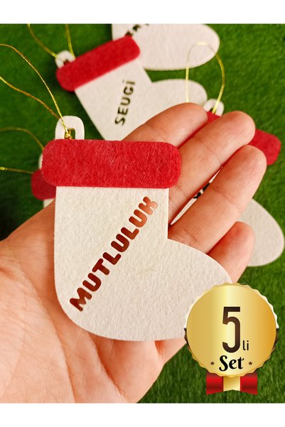 Kabajur New Year Felt Boot Ornament Set Cream Color – 5 Pieces Wish-Themed Christmas Tree Ornament