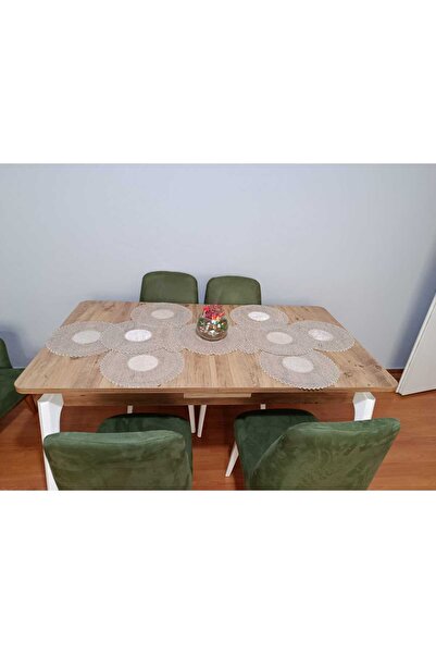 karamanlıhome Cotton Table Runner with Silver Beige Velvet, for 6 People + 3-...