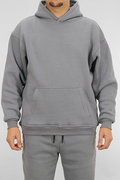Souris Men's Gray Oversized Hooded Sweatshirt 3 Thread Fleece-Lined Kangaroo Pocket