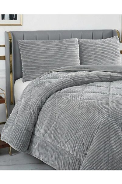 ALTINPAMUK طقم لحاف مزدوج من WELLSOFT مع غطاء وسادة رمادي كهدية