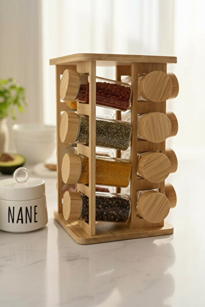 Sade Hediye 3-Piece Porcelain Spice Rack and 16 Small Spice Jars with Bamboo Stand