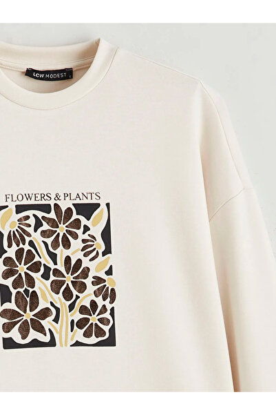 LC Waikiki LCW Modest Bej Bisiklet Yaka Oversize Kadın Sweatshirt Tunik