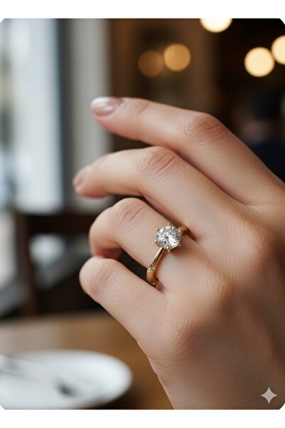ZD JEWELRY Çelik Kuyumcu Model 14 K Altın Kaplama Gold Renk Kadın Tek Taş Yüzük