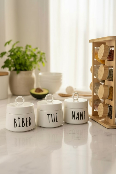 Sade Hediye 3-Piece Porcelain Spice Rack and 16 Small Spice Jars with Bamboo Stand