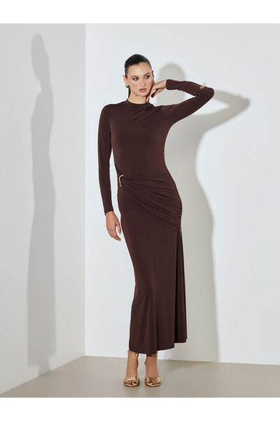 LC Waikiki Brown Mock Neck Shirred Dress