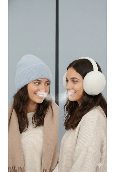 DKDZ SHOP Plush Beanie and Plush Earmuffs Foldable Beige (Set of Two)