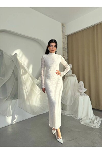 ETİKAFASHION Büzgülü Dantel Dik Yaka Elbise