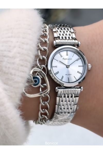 Ferrucci Women's Watch, Silver Steel Band, Mini Case, Roman Numerals, Comes in a Stylish Gift Box with Bracelet Gift