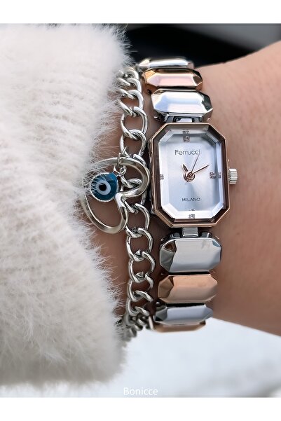 Ferrucci Women's Watch, Rose Silver Steel Band, Square Small Case, Vintage Model, Stylish Box, Bracelet Gift