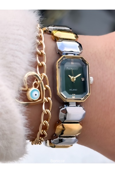 Ferrucci Women's Watch, Green Yellow Steel Band, Square Small Case, Vintage Model, Stylish Box, Bracelet Gift