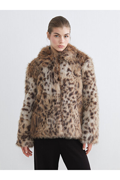 LC Waikiki Brown Shirt Collar Leopard Patterned Women's Faux Fur Coat