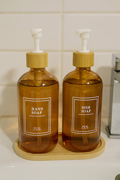 miras home Bambu Tepsili 2'li Cam Sıvı Sabunluk Seti