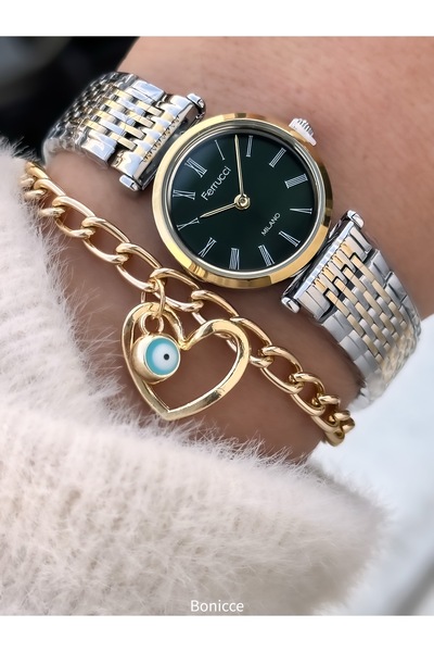 Ferrucci Women's Watch, Green-Yellow Steel Band, Mini Case, Roman Numerals, in Stylish Gift Box with Bracelet Gift