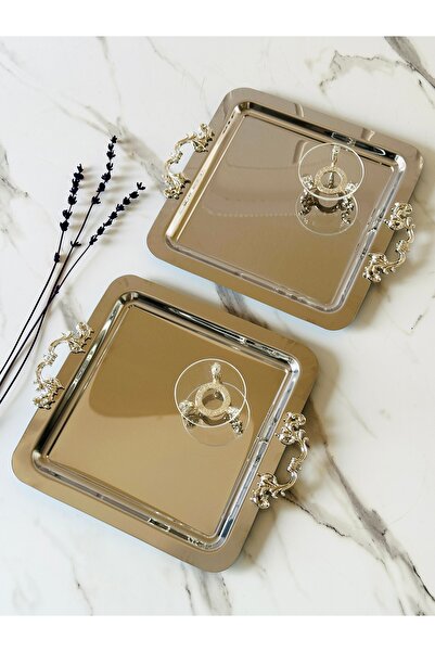 Melinda 2 Kişilik Gümüş Kare Kulp Detaylı Çay,Kahve Servis Sunum Tepsisi ve Lokumluk Seti (21x21)