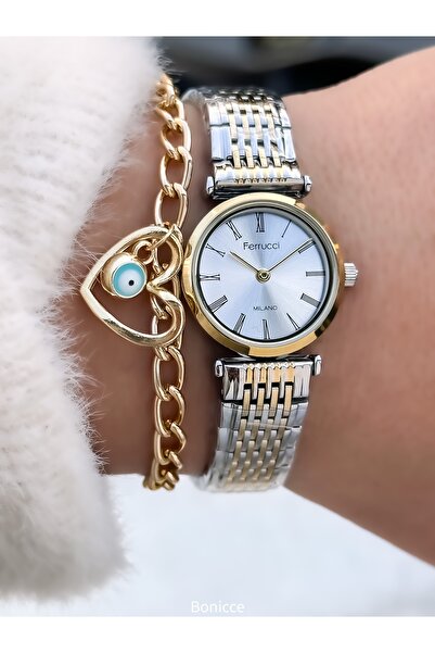 Ferrucci Women's Watch, Silver Yellow Steel Band, Mini Case, Roman Numerals, Comes in a Stylish Gift Box with Bracelet Gift