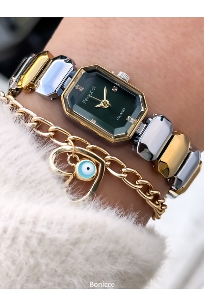 Ferrucci Women's Watch, Green Yellow Steel Band, Square Small Case, Vintage Model, Stylish Box, Bracelet Gift