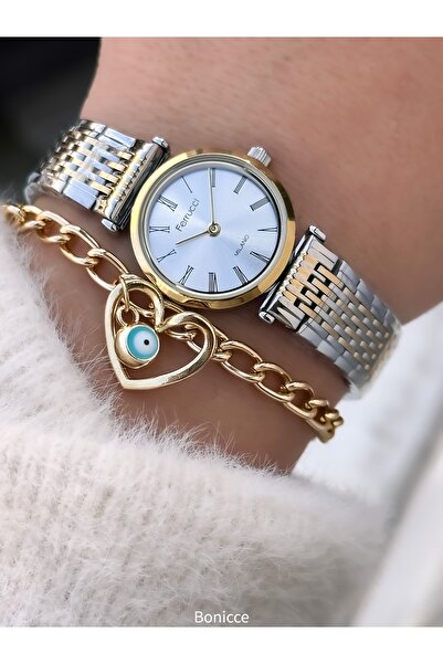 Ferrucci Women's Watch, Silver Yellow Steel Band, Mini Case, Roman Numerals, Comes in a Stylish Gift Box with Bracelet Gift