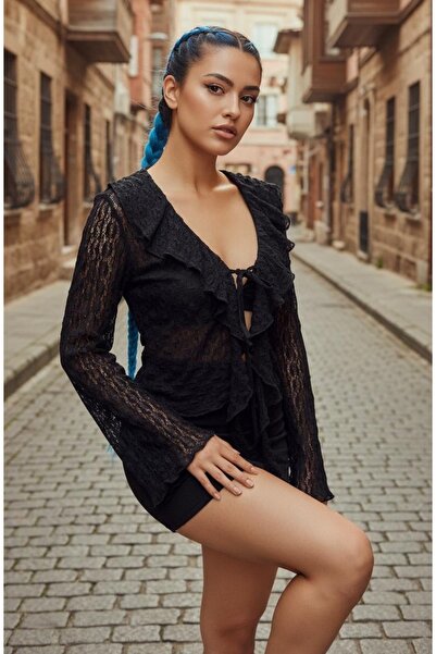 SiaLess Lingerie Bluză cu mânecă lungă, neagră, elegantă, casual, cu dantelă ...