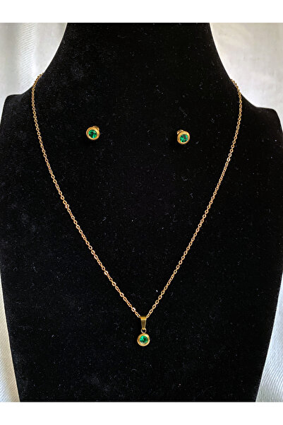 Bade Özel Seri Yeşil Taşlı Minimal Yuvarlak Model Kadın Kolye Küpe Set
