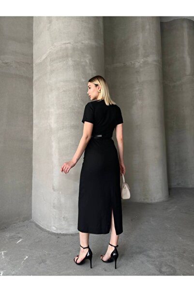 MAXXANA Slit Detailed Belted Poloviskon Dress