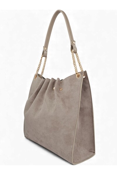 Evident Stone Color Nubuck Chain Detailed Pleated Women's Shoulder Bag