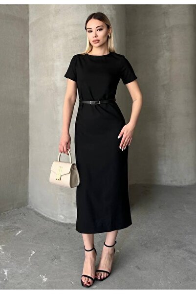 MAXXANA Slit Detailed Belted Poloviskon Dress