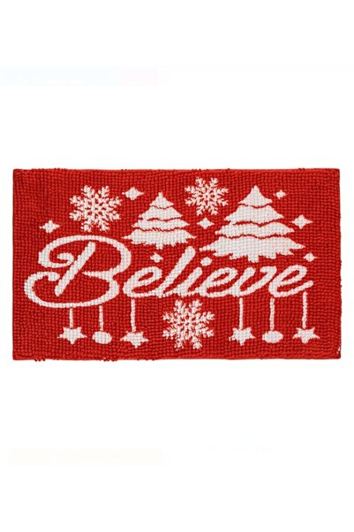 Craciun Red Christmas Bath Mat with 3D Dots and "Believe" Print, 75×45 cm