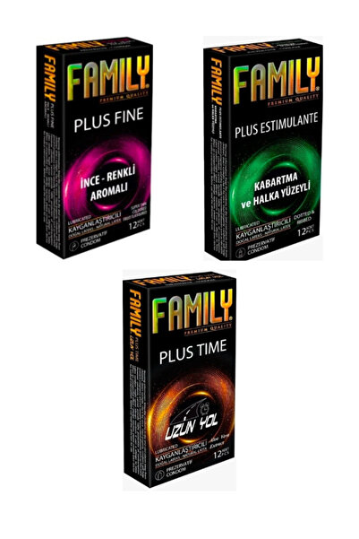 FAMİLY Plus 3’lü Set – İnce Aromalı + Kabartmalı Halka Yüzeyli + Aloe Vera (12’li x 3)