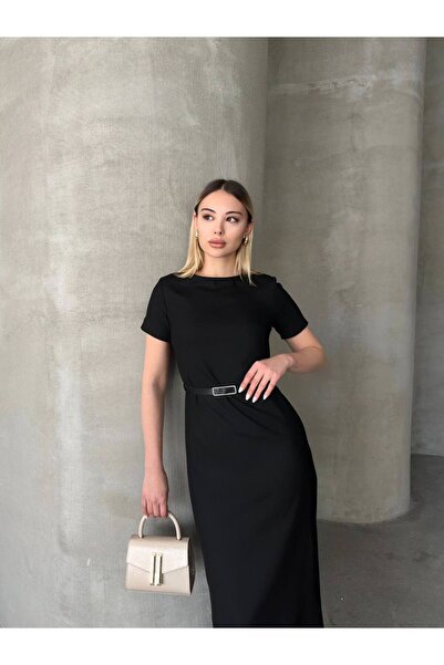 MAXXANA Slit Detailed Belted Poloviskon Dress